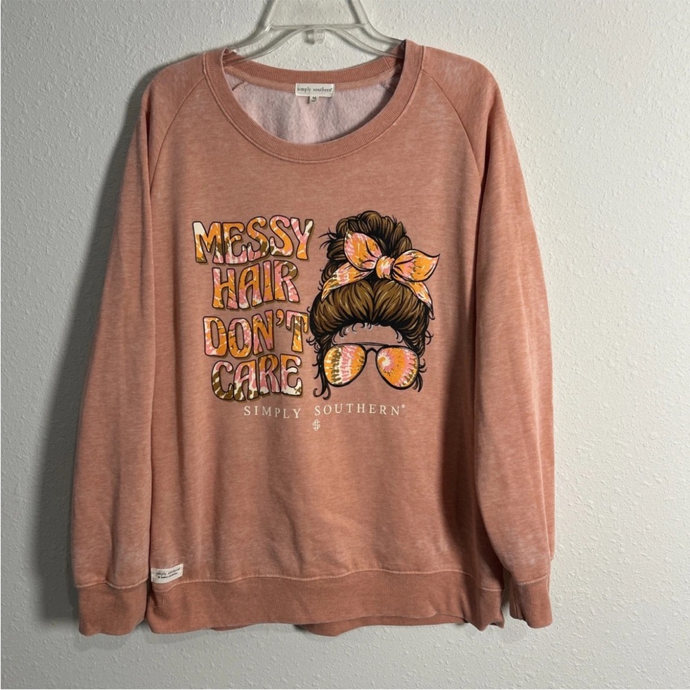 Simply Southern Messy Hair Don’t Care Fleece Sweatshirt Sz M Relaxed Fit Peach - Picture 1 of 12